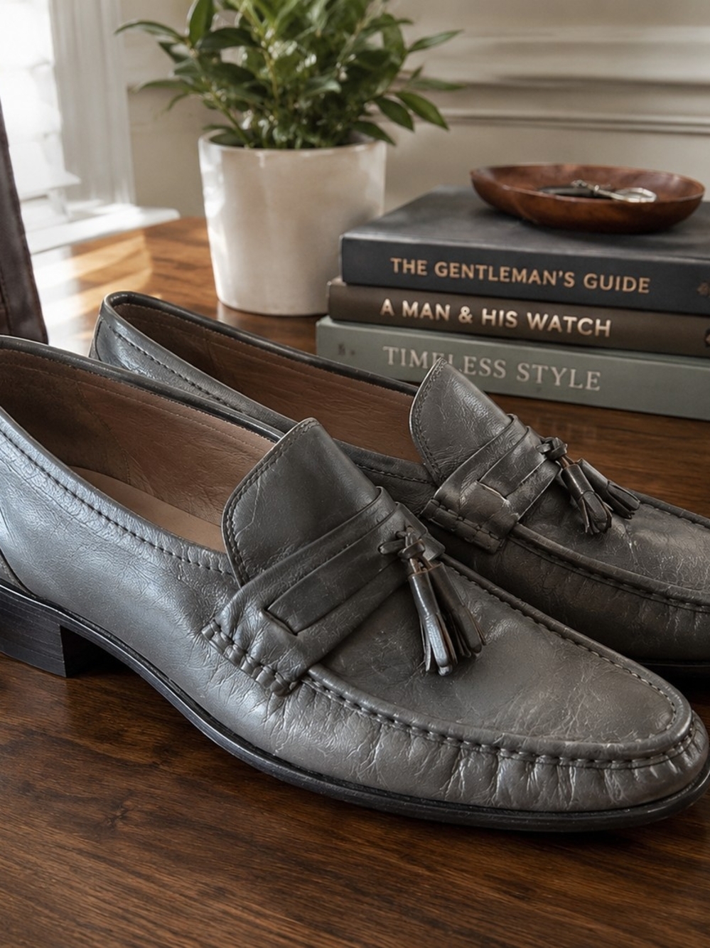 Stafford Men's Gray Leather Tassel Loafers